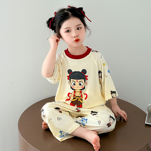 女童睡衣套裝 夏季 兒童男女寶寶莫代爾卡通哪吒夏款 家居服 2025新款