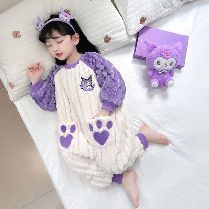 女童连体睡衣秋冬库洛米爬服法兰绒珊瑚绒女童防踢家居服宝宝加厚