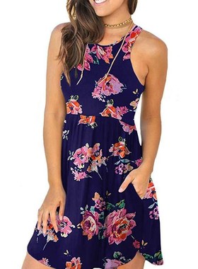 Women's Tank Printed Waist Dress Pocket Midi Skirt