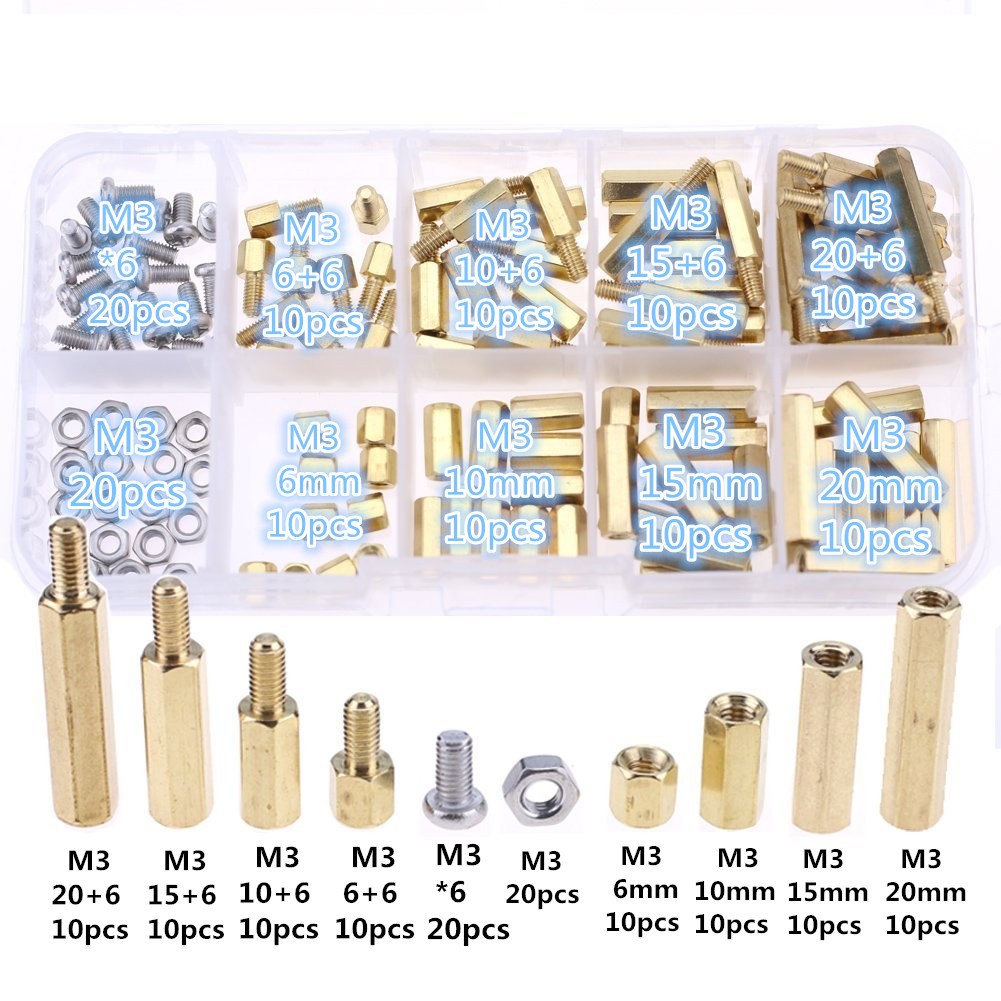 120pcs M3 Male Female Brass Spacer Standoff Screw Nut Assort