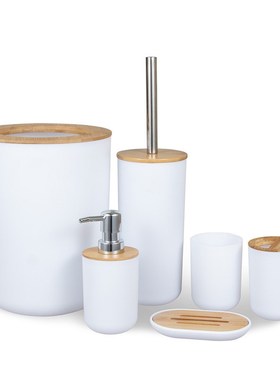 6Pcs Bamboo Wood Bathroom Set Toothbrush Holder Soap Dish Tr