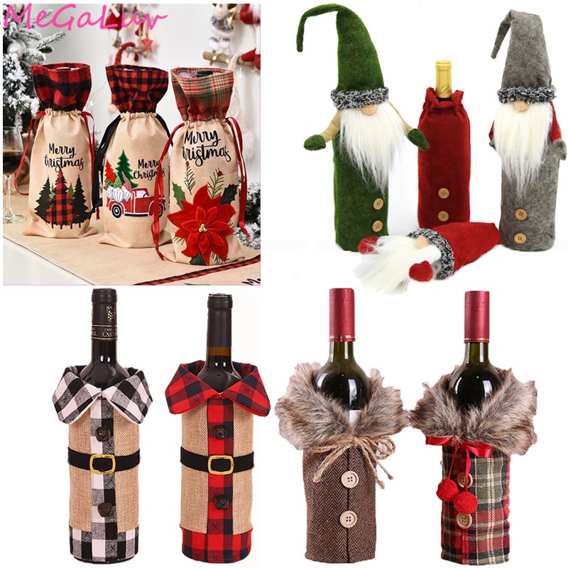christmas red wine bottle covers bag santa claus snowman cha