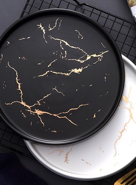 Marble Ceramic Plate Black Striped Round Steak Dinner Plates