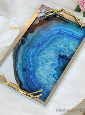 American stainless steel glass tray blue agate stone tea set
