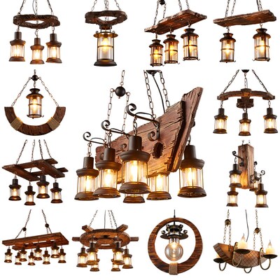 Retro Industrial Solid Wood Chandeliers American Rural LOF B