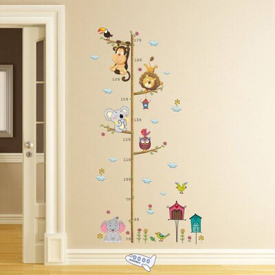 Cartoon Animals Lion Monkey Owl Elephant Height Measure Wall