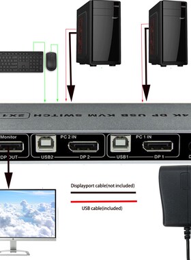Controller 4K 60Hz Dual Port 1 Out KVM Switch Displayport HD