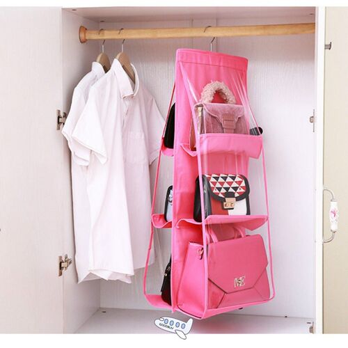 6 Pocket Hanging Handbag Organizer for Wardrobe Closet Trans