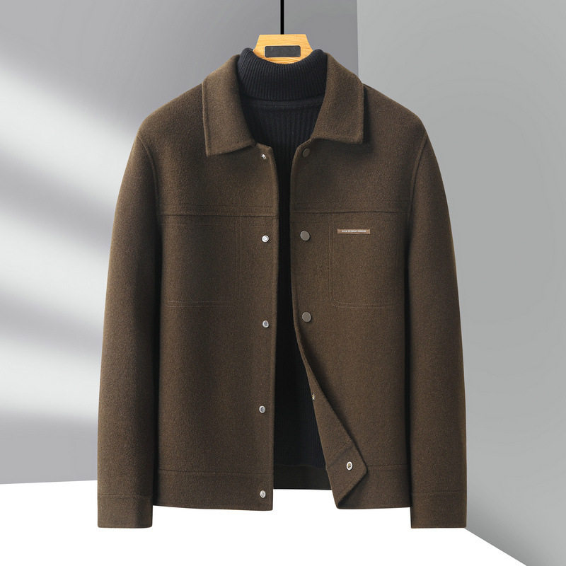 手工羊毛男式夹克秋冬翻领工装短款青年轻奢商务双面呢休闲外套潮