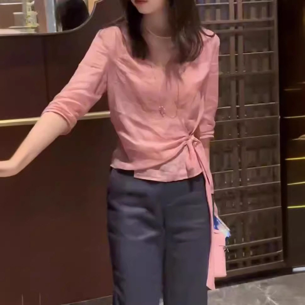 日本portney bell新款v领侧边系带收腰上衣时尚直筒九分裤女装