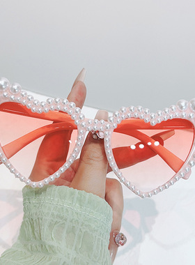 日本portney bell大框架歪心欧美镶珍珠太阳镜桃心爱心女士墨镜