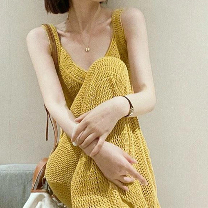 日本portney bell 黄色针织吊带背心连衣裙女du特茶歇别zhi绝mei