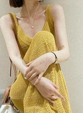 日本portney bell 黄色针织吊带背心连衣裙女du特茶歇别zhi绝mei