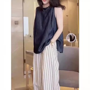 日本portney bell夏季新款无袖显瘦衬衫后背开叉洋气条纹裤潮