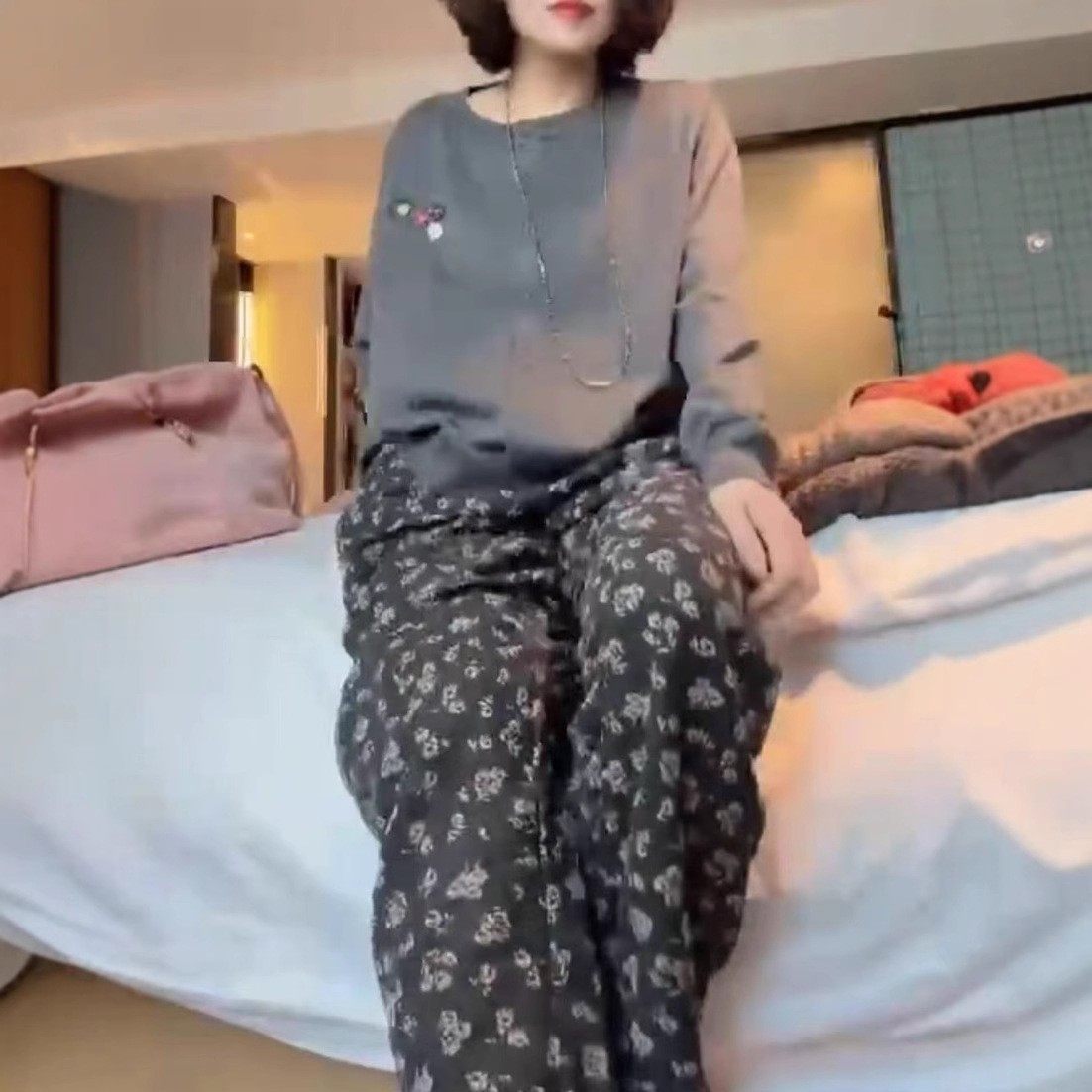 日本portney bell春季新款长袖单排扣开衫印花阔腿裤女潮