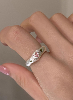 日本portney bells925银粉色爱心锆石戒指女 不规则纹理ins甜酷