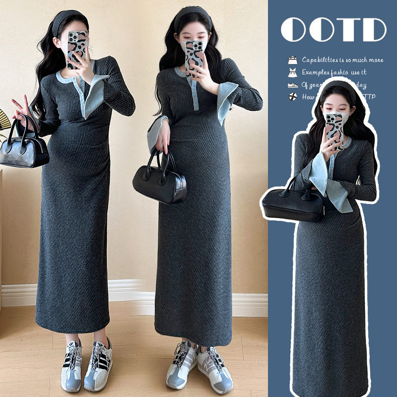 法国cherry kitty孕妈春秋穿搭韩系撞色喇叭袖孕妇针织连衣裙