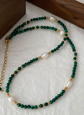 日本Portney Bell孔雀石珍珠项链秋冬女绿色复古气质叠戴高级感