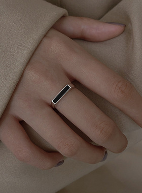 日本portney bells925银宽面一字黑色戒指ins冷淡风极简设计滴胶