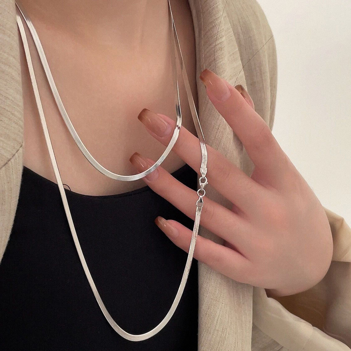 英国设计师cherry kitty银瑞泰s925银超长款扁平蛇骨项链女高级