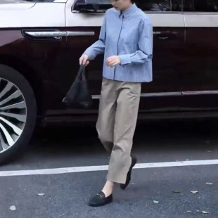 休闲九分裤 日本portney 蓝条纹衬衫 bell春季 女 新洋气减龄长袖