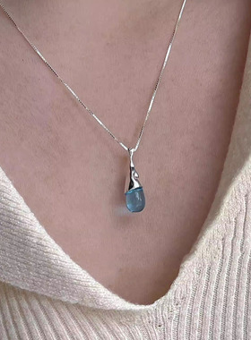 日本portney bells925银蓝色水滴猫眼石项链女ins复古法式极