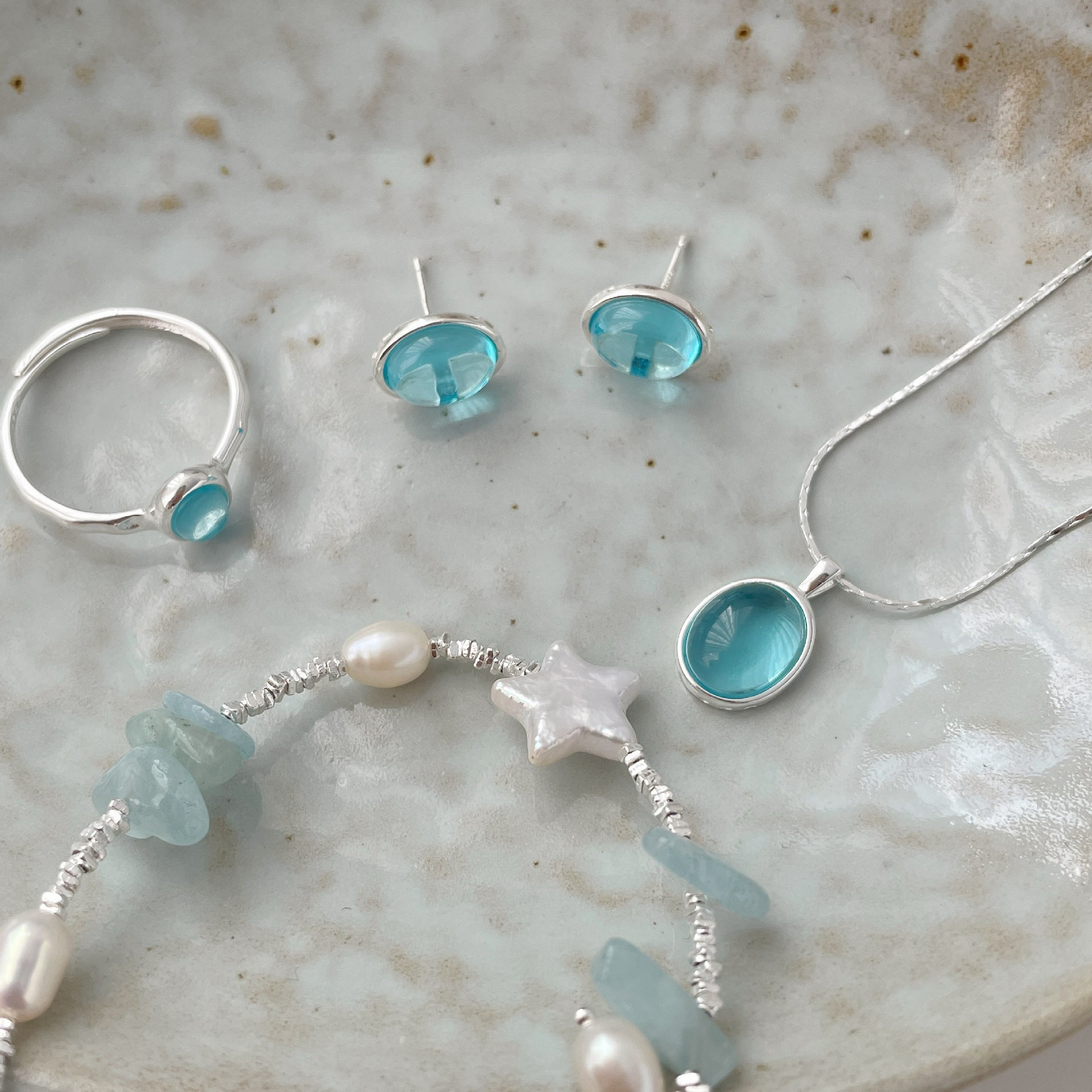 英国设计师cherry kitty清新甜美s925银海蓝宝手链组合不规则切割