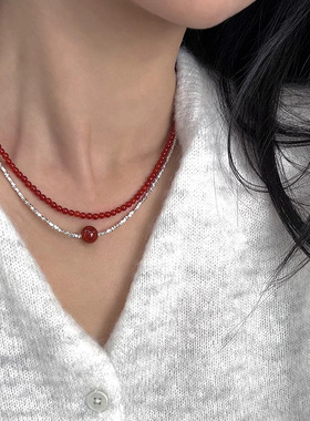 日本portney bells925银红玛瑙碎银子项链女ins本命年叠戴轻奢新