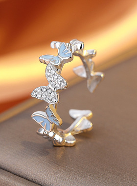 英国设计师cherry kitty蓝蝴蝶戒指女简约珐琅仙女风925银食指