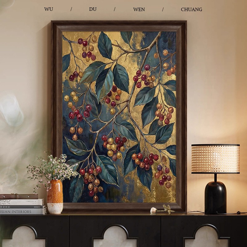 手绘油画金枝红实》美式中古风客餐厅抽象挂画入户玄关复古装饰画