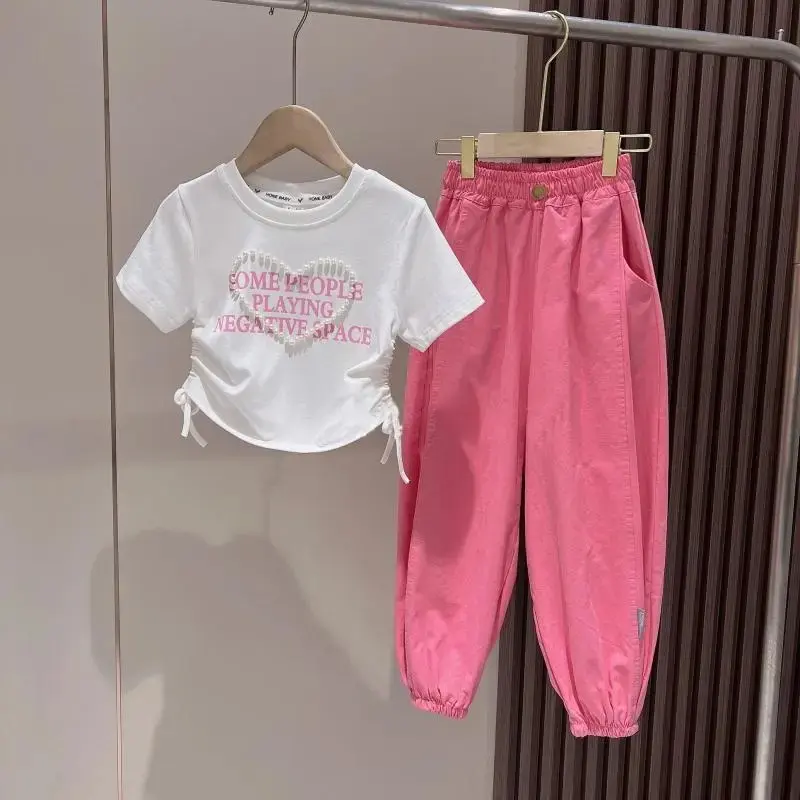 女童珍珠收腰短袖工装裤套装2025夏款中大童时髦洋气灯笼裤两件套