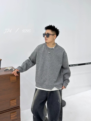 实体美式复古假两件卫衣男款秋冬季加绒加厚宽松休闲圆领长袖上衣