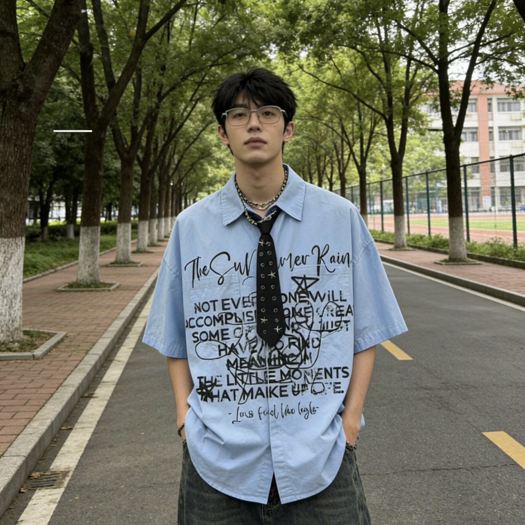 美式复古水墨字母印花短袖衬衫男夏季新款重磅宽松半袖领带上衣潮