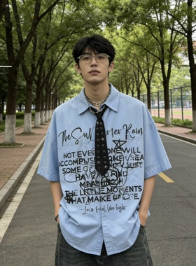 美式复古水墨字母印花短袖衬衫男夏季新款重磅宽松半袖领带上衣潮
