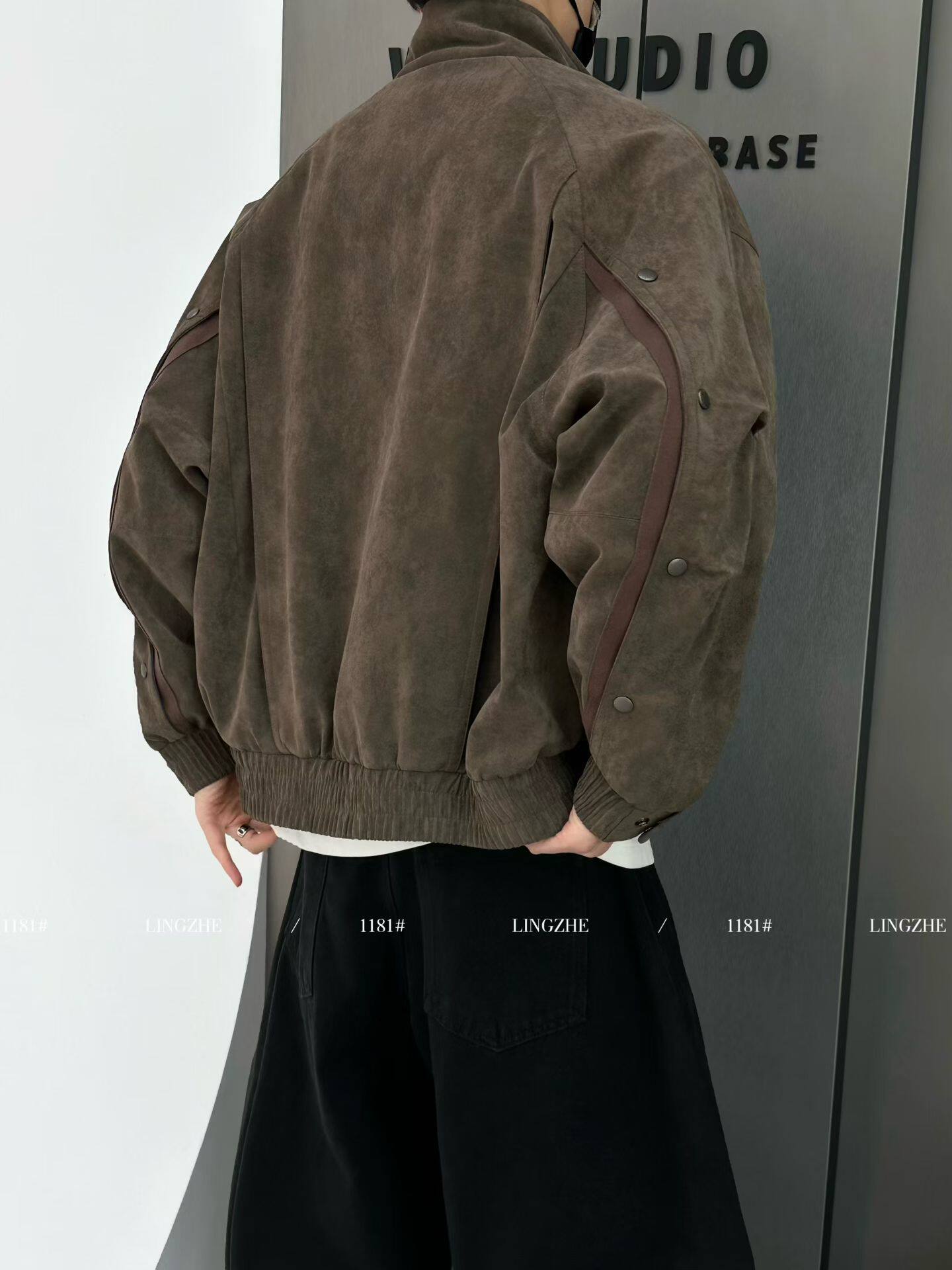实体水洗绒皮衣外套男款春季新款美式复古袖扣宽松休闲立领夹克潮