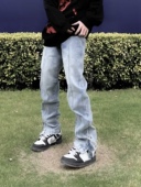 美式 子脚纽扣直筒显瘦vibe长裤 高街牛仔裤 男侧边开叉拉链浅蓝色裤