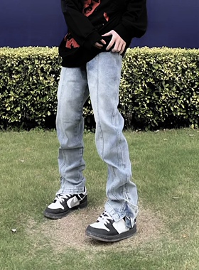 美式高街牛仔裤男侧边开叉拉链浅蓝色裤子脚纽扣直筒显瘦vibe长裤