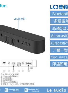 蓝牙5.4音频发射器LEAUDIO lc3 Auracast广播一发多收 lossless