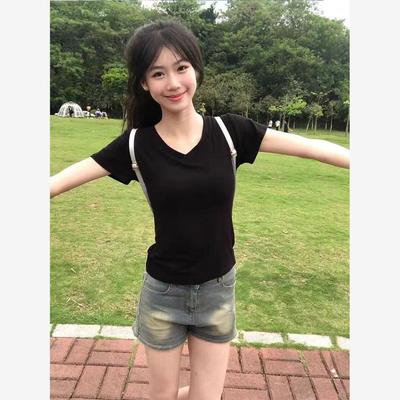 黑色小个子正肩v领短袖t