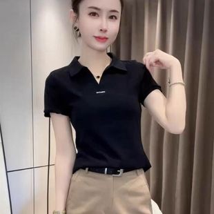 显瘦别致上衣 欧货polo领短袖 正肩t恤女夏季 2025新款 简约百搭修身