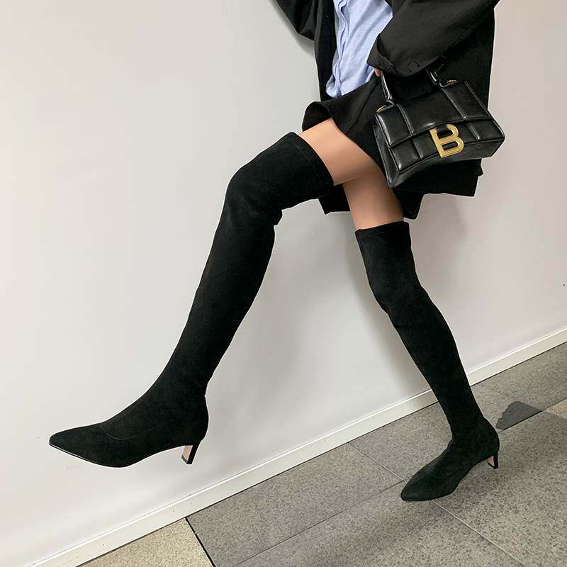 卡其色长靴女过膝靴尖头磨砂弹力靴长筒靴子秋冬瘦瘦靴显瘦大腿靴