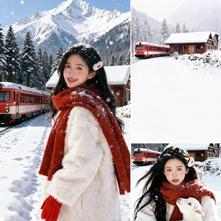 3225 冬季 冬日火车列车少女写真拍照背景布影棚雪山室内圣诞节冬天雪景摄影道具雪屋背景布M2025年新款
