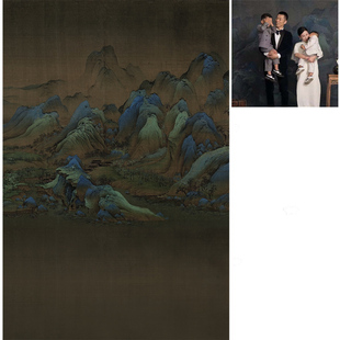现代山水画油画布背景布摄影影楼拍摄道具家居服工笔画喷绘背景仿手绘全家福室内拍照新国风旗袍写真幕布背景