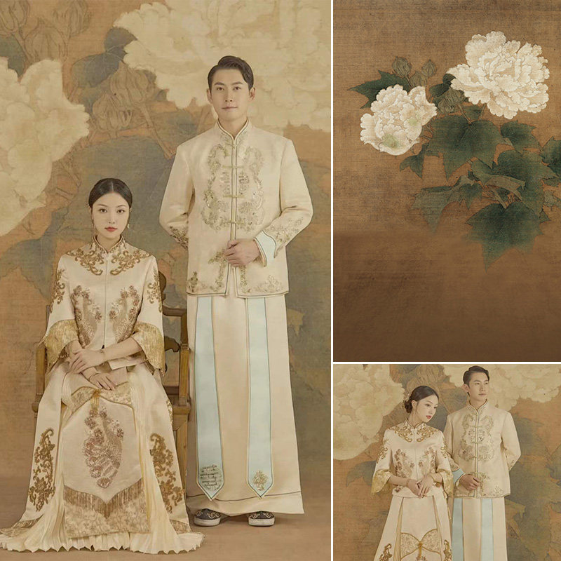 民国工笔画古风画背景布报仿手绘儿童写真拍照主题红白芙蓉图花鸟暖色