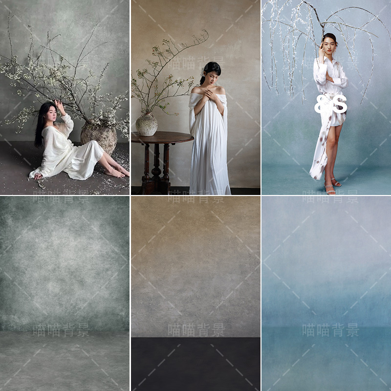 复古油画风少女清冷风拍照背景布古装孕妇亲子新中式绿色棕色禅意氛围感侘寂风旗袍灰色影棚室内高级感背景纸