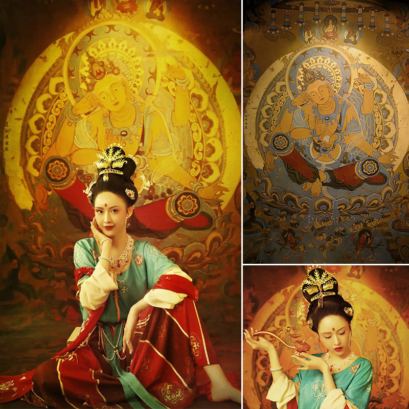 敦煌莫高窟古装拍照直播背景布仿手绘影楼油画布壁画个人写真拍照道具