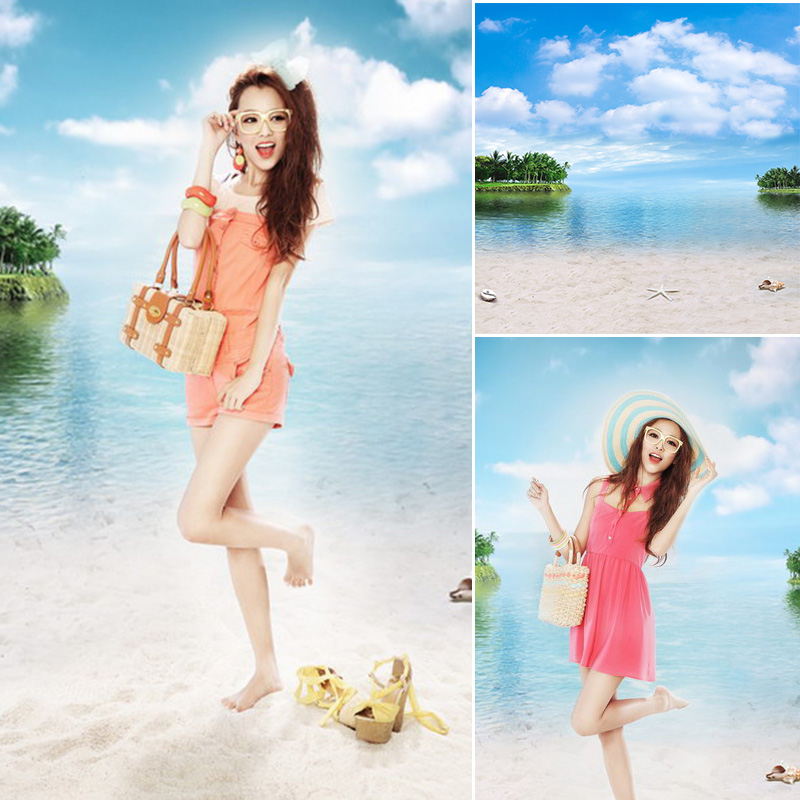 海景电动轴相馆摄影棚影楼帆布模特海边室内背景布影棚写真布PP纸主题幕布夏日清凉蓝天白云风景MH-0429