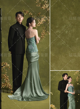 绿色油画肌理影楼婚纱摄影拍照背景布新中式国风陈都灵同款婚纱照旗袍浅绿色古典韵味氛围感高级内景MH-2964