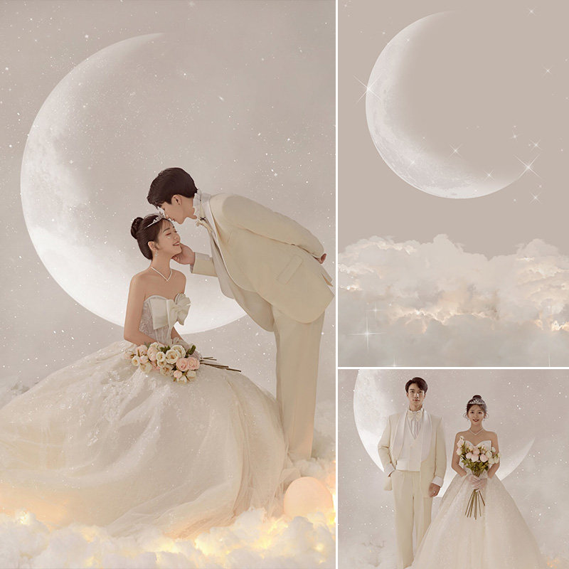 月亮光影婚纱照梦幻浪漫影楼婚纱摄影室内艺术写真可定制白色婚纱照小