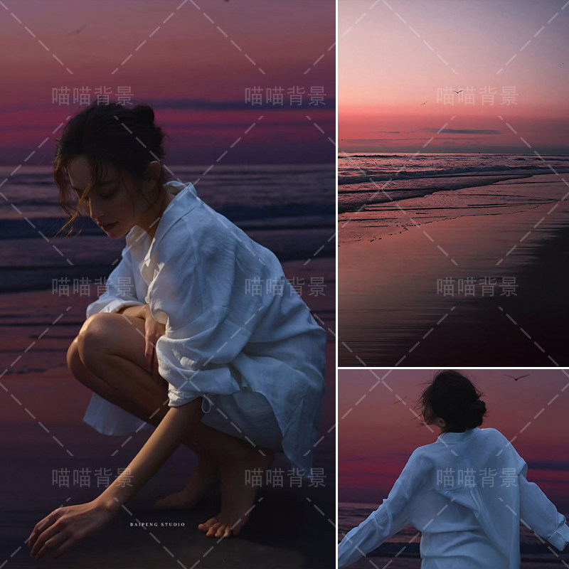 落日晚霞大海沙滩少女写真拍照背景布氛围感影棚室内肖像人像写真背景墙摄影道具高级感摄影背景纸MH-4503